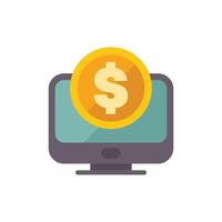 Desktop computer displaying large gold coin with dollar sign vector
