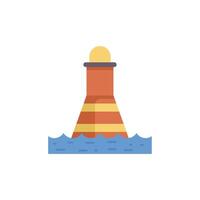 Striped lighthouse emitting light and standing on water waves vector