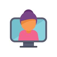 Woman attending online meeting via desktop computer screen vector