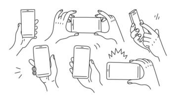 Hand Holding Smartphone Line Set vector