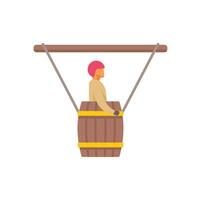 Stuntman standing in a barrel hanging from ropes getting ready for a stunt vector