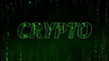Green word Crypto with Bitcoin matrix rain and green matrix background shows cryptocurrency mining and digital currencies as futuristic technology for block chain and criminals or safe crypto currency video