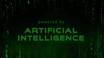 Glitching powered by Artificial Intelligence words in dangerous green matrix background of animated binary code falling down with glitch animation or fading of artificial intelligence word binary code video