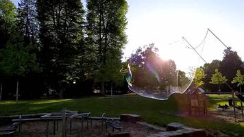 Gigantic soap bubbles shimmer and glimmer in the sun as colorful kids fun with fragile lightness as giant mega enormous bubbles spread joy and happiness blowing in the wind and sparkling in the sun video