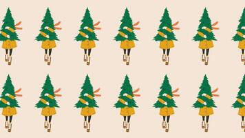 Seamless pattern with woman carries a Christmas tree in her hands. Loop animation. video