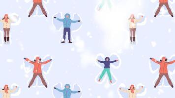 Seamless pattern with happy people Making Snow Angel. Loop animation video