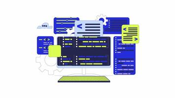 Programming computing 2D object animation. Back-end development cartoon 4K , alpha channel. Backend program coding. Computer keyboard with syntax codes animated flat item on white background video
