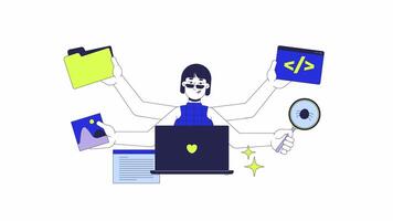 cheio pilha desenvolvedor trabalho 2d animação. codificador programador 4k movimento gráfico. a parte dianteira e Processo interno engenheiro mulher com multi mãos animado personagem desenho animado plano conceito, branco fundo video