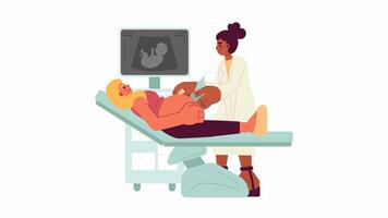 Fetal ultrasound cartoon animation. New mom pregnancy diagnostic imaging 4K motion graphic. Sonogram nurse scanning pregnant woman womb animated 2D characters isolated on white background video