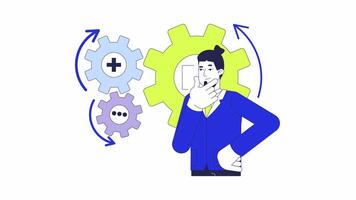 Brainstorming problem solving 2D animation. Project manager critical thinking 4K motion graphic. Gears business analyst rubbing chin animated character cartoon flat concept, white background video