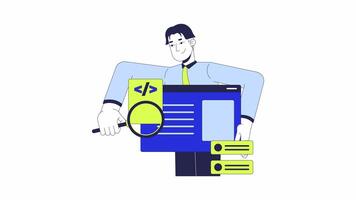 Tester searching bug in software 2D animation. Syntax code assessment 4K motion graphic. Developer engineer holding magnifying glass animated character cartoon flat concept, white background video