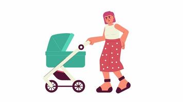 Asian mother walking with newborn in stroller cartoon animation. New mom strolling pram baby carriage 4K motion graphic. Nanny mum perambulator animated 2D character isolated on white background video