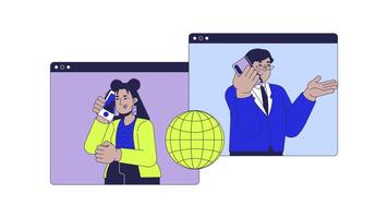 Calling business overseas 2D animation. International call 4K motion graphic. Diverse woman and man connecting through cell phone animated characters cartoon flat concept, white background video