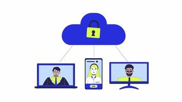Secure cloud storage for small business 2D animation. Keeping data safe, protected 4K motion graphic. File sharing between employees animated characters cartoon flat concept, white background video