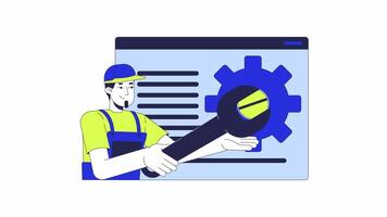 Web developer fixing website 2D animation. Wrench webpage debugging 4K motion graphic. Engineering programmer repairman spanner unscrew animated character cartoon flat concept, white background video