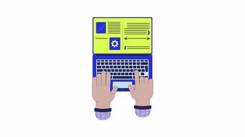 Split screen laptop for programmer productivity 2D animation. Coding 4K motion graphic. Software developer multitasking on notebook typing animated hands cartoon flat concept, white background video