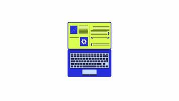 aberto computador portátil tela com programação Programas 2d objeto animação. engrenagem gráfico colchetes gadget desenho animado 4k , alfa canal. caderno exibição com codificação texto animado plano item em branco fundo video