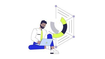 Digital business statistics 2D animation. Reporting 4K motion graphic. Stats businessman typing laptop against pie chart circle grid animated character cartoon flat concept, white background video