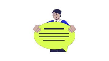 Professional communication skill 2D animation. Messaging digital conversation 4K motion graphic. Business man holding speech bubble animated character cartoon flat concept, white background video