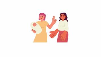 Avoid letting strangers touch your baby cartoon animation. Protective mother 4K motion graphic. New mom rejecting woman to holding newborn animated 2D characters isolated on white background video