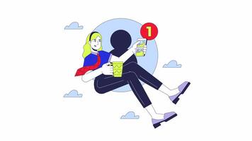 One new message notification 2D animation. Social media manager 4K motion graphic. Coffee break business woman scrolling feed phone animated character cartoon flat concept, white background video