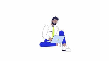 African american male employee typing laptop working relaxed 2D character animation. Freelance cartoon 4K , alpha channel. Business casual black teleworker animated person on white background video