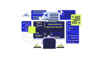 Software developer 2D animation. Coding career 4K motion graphic. Caucasian man programmer typing keyboard computer syntax codes animated character cartoon flat concept, white background video