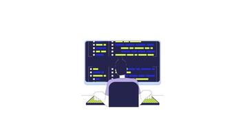programador digitando teclado computador sintaxe códigos 2d personagem animação. Programas Engenharia desenho animado 4k , alfa canal. costas Visão homem caucasiano codificador animado pessoa em branco fundo video