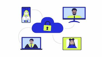 Secure cloud storage 2D animation. Online workplace platform security 4K motion graphic. Remote workers working together securely animated characters cartoon flat concept, white background video
