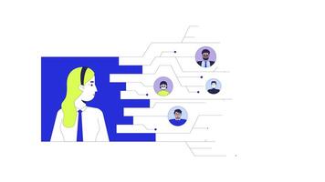 Digital transformation company 2D animation. Leader employees 4K motion graphic. Digital business. Corporate networking circuit lines animated character cartoon flat concept, white background video