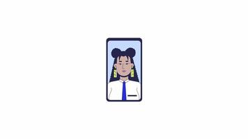Hispanic consultant businesswoman on mobile phone screen 2D object animation. Smartphone cartoon 4K , alpha channel. Latina personal assistant cellphone animated flat item on white background video