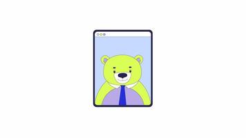 colarinho gravata Urso em tábua tela 2d objeto animação. conectados encontro gadget desenho animado 4k , alfa canal. antropomórfico o negócio Gerente exibição dispositivo animado plano item em branco fundo video