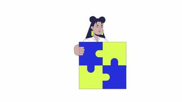 Jigsaw problem solving 2D animation. Strategic management 4K motion graphic. Strategy puzzles connecting. Latina woman strategist animated character cartoon flat concept, white background video
