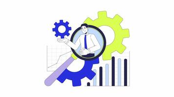 digitale attività commerciale analitica 2d animazione. concorrente analisi 4k movimento grafico. ingranaggi grafici. contabilità analista ingrandimento bicchiere animato personaggio cartone animato piatto concetto, bianca sfondo video