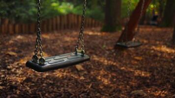 Empty black swing on children playground in the park in autumn season. Missing child. Lonely swing in sunny autumn day. Golden foliage in late fall. Beautiful nature. video