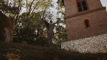 Statue of a woman with two hand raised, standing in front of a stone building under a tree on a partly cloudy day video