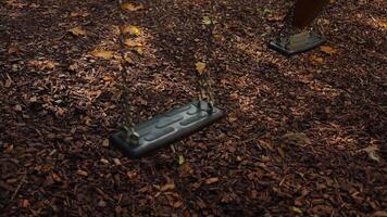 Empty black swing on children playground in the park in autumn season. Missing child. Lonely swing in sunny autumn day. Golden foliage in late fall. Beautiful nature. video