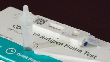 Close up of self Covid-19 test kit at home for health diagnostics video