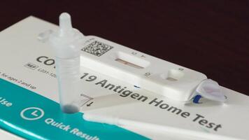 Close up of self Covid-19 test kit at home for health diagnostics video