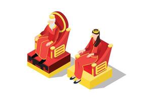 Isometric castle royal interior composition with text and characters of king and queen sitting on throne illustration vector