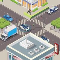 Isometric illustration of a smart city with automated vehicles composition with road and crosswalk at the city center illustration vector