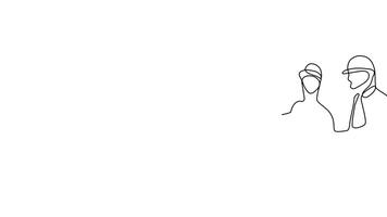 Smooth continuous line illustration of an architect and construction team collaborating over design blueprints. video