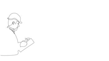 Smooth continuous line illustration of an architect and construction team collaborating over design blueprints. video