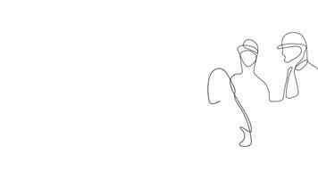 Smooth continuous line illustration of an architect and construction team collaborating over design blueprints. video