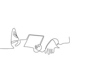 Smooth continuous line illustration of an architect and construction team collaborating over design blueprints. video
