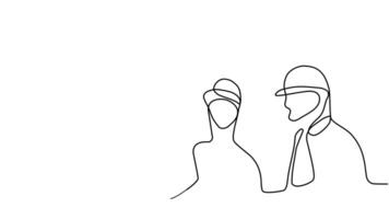 Smooth continuous line illustration of an architect and construction team collaborating over design blueprints. video