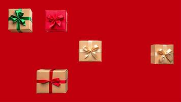 Christmas background animated screensaver with gift boxes, clews of rope on red. Preparation for holidays. Top view with pattern pretest boxes. video