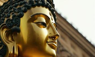 Golden Buddha statue close-up with serene expression. video