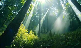 Sunbeams filtering through dense forest canopy. video