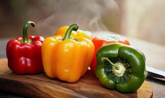 Fresh colorful bell peppers on cutting board. video